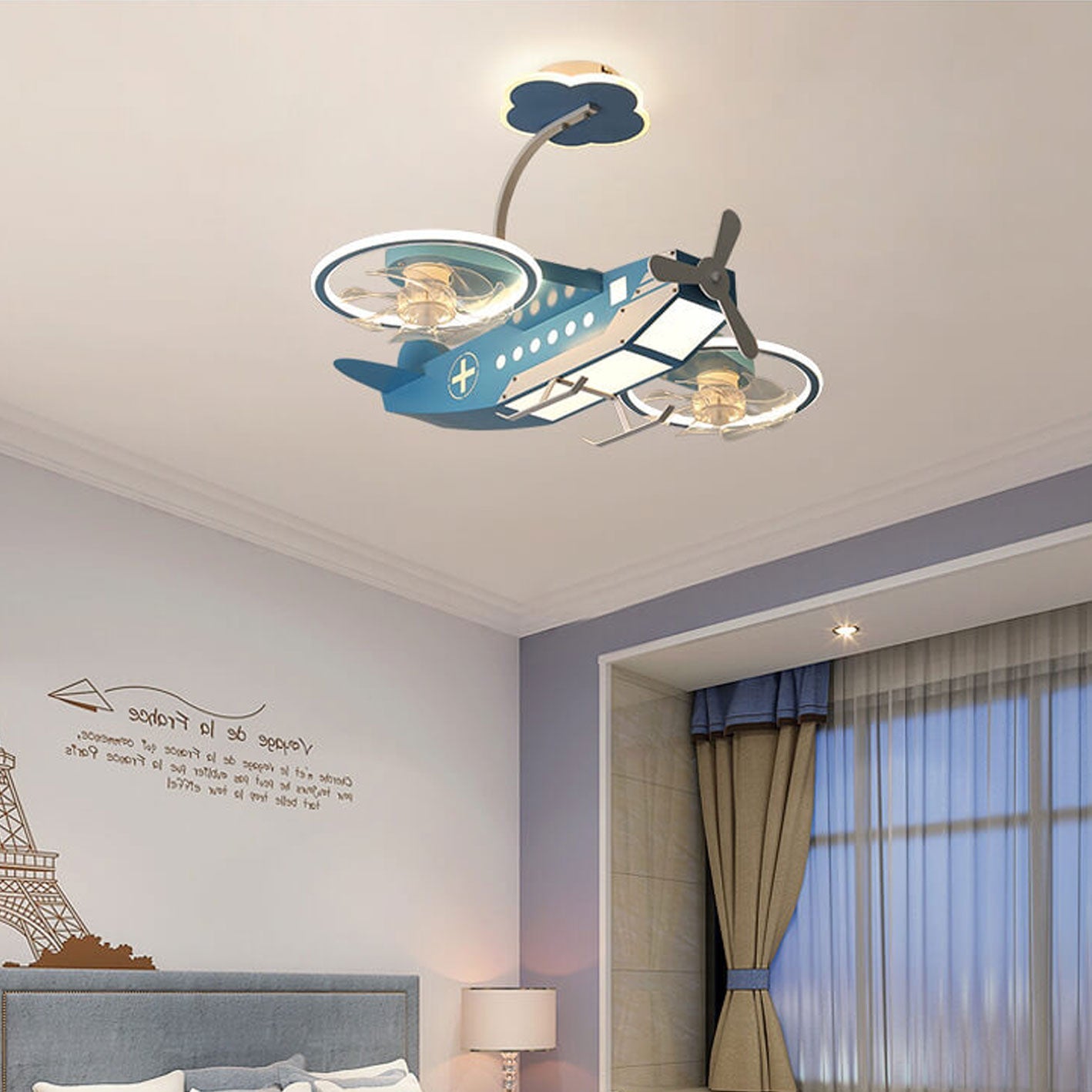 Creative Cartoon Aircraft Ceiling Fan Light for Kids Room, Fun Flush Mount Design, Airplane-Themed Illumination, Ideal for Nursery & Playroom Decor