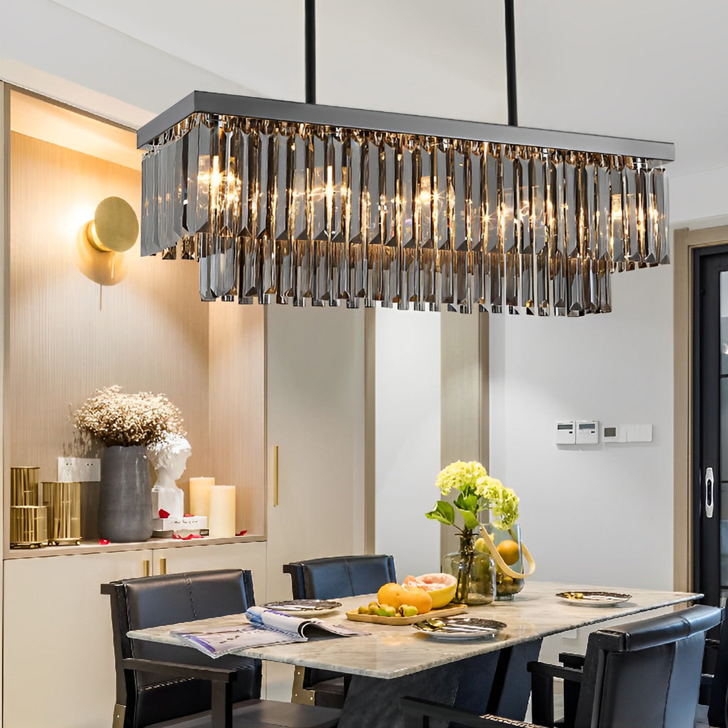 Rectangular Crystal LED Chandelier - 3 Step Dimming, Smoke Gray Modern Lighting
