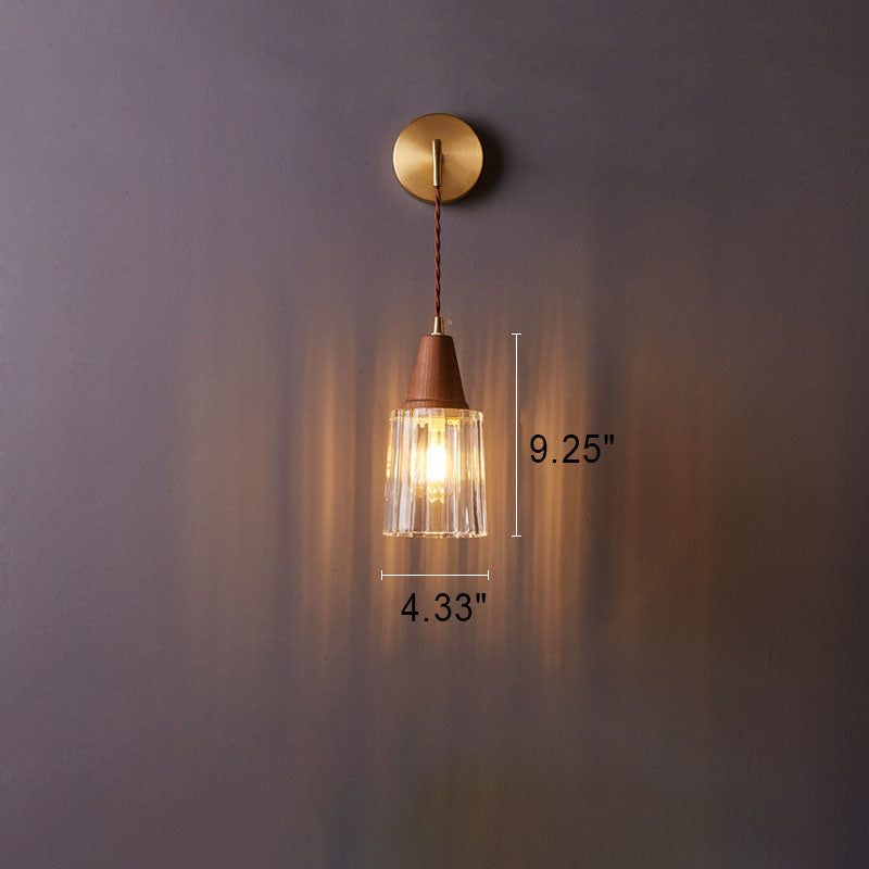 Traditional Japanese Walnut Glass Copper Wall Sconce Lamp 1-Light