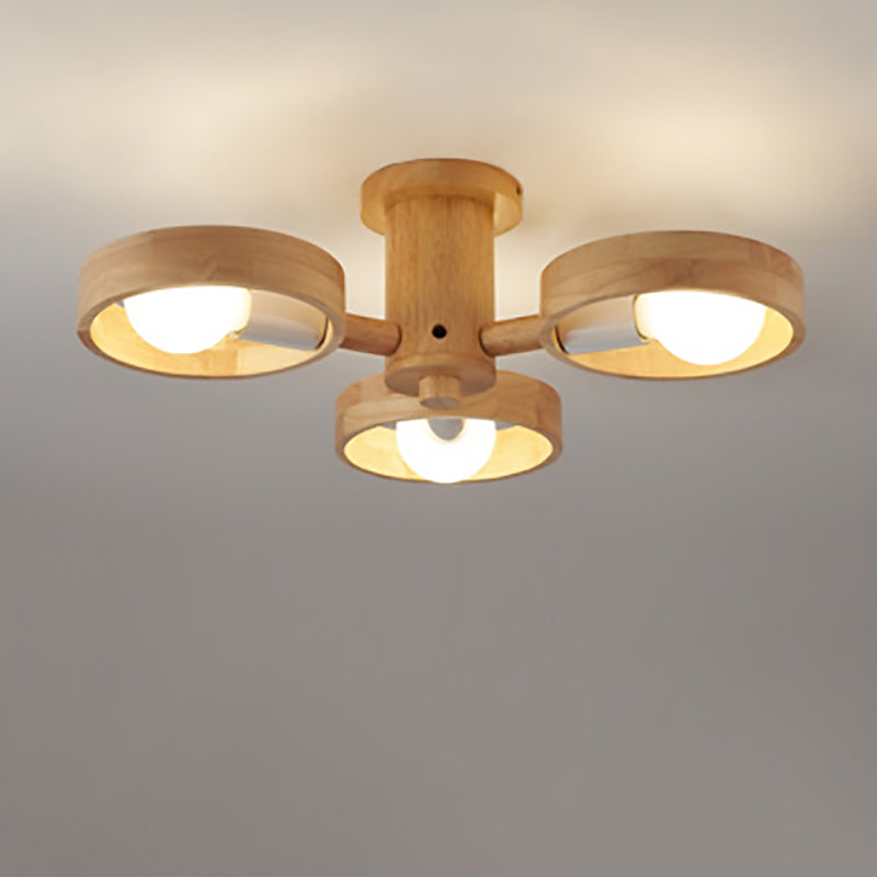 Contemporary Nordic 3/5 Light Rotatable Semi-Flush Mount Ceiling Light - Rubber Wood Design for Living Room