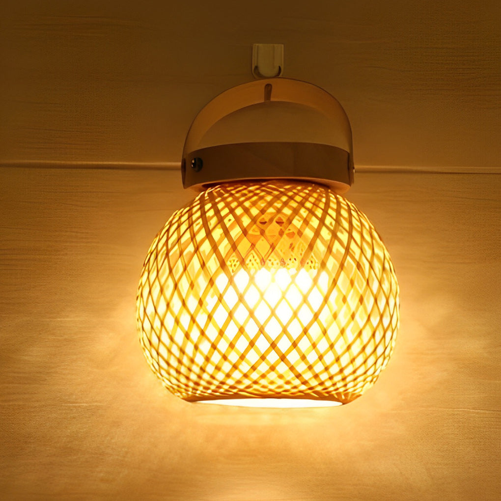 Rustic Bamboo Lantern Table Lamp with Handle – Portable Woven Design for Home Decor and Outdoor Use