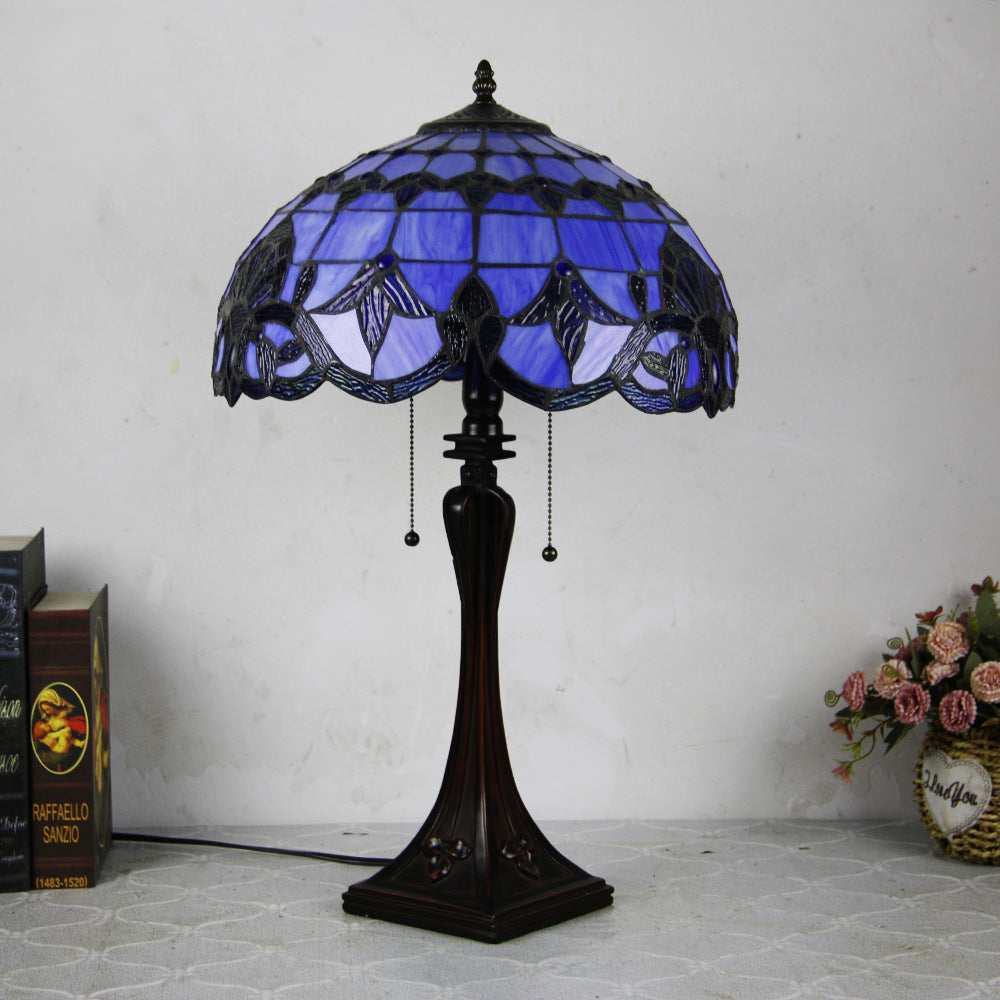 Tiffany Style Stained Glass 2-Light Cone Pull Cord Table Lamp for Bedroom