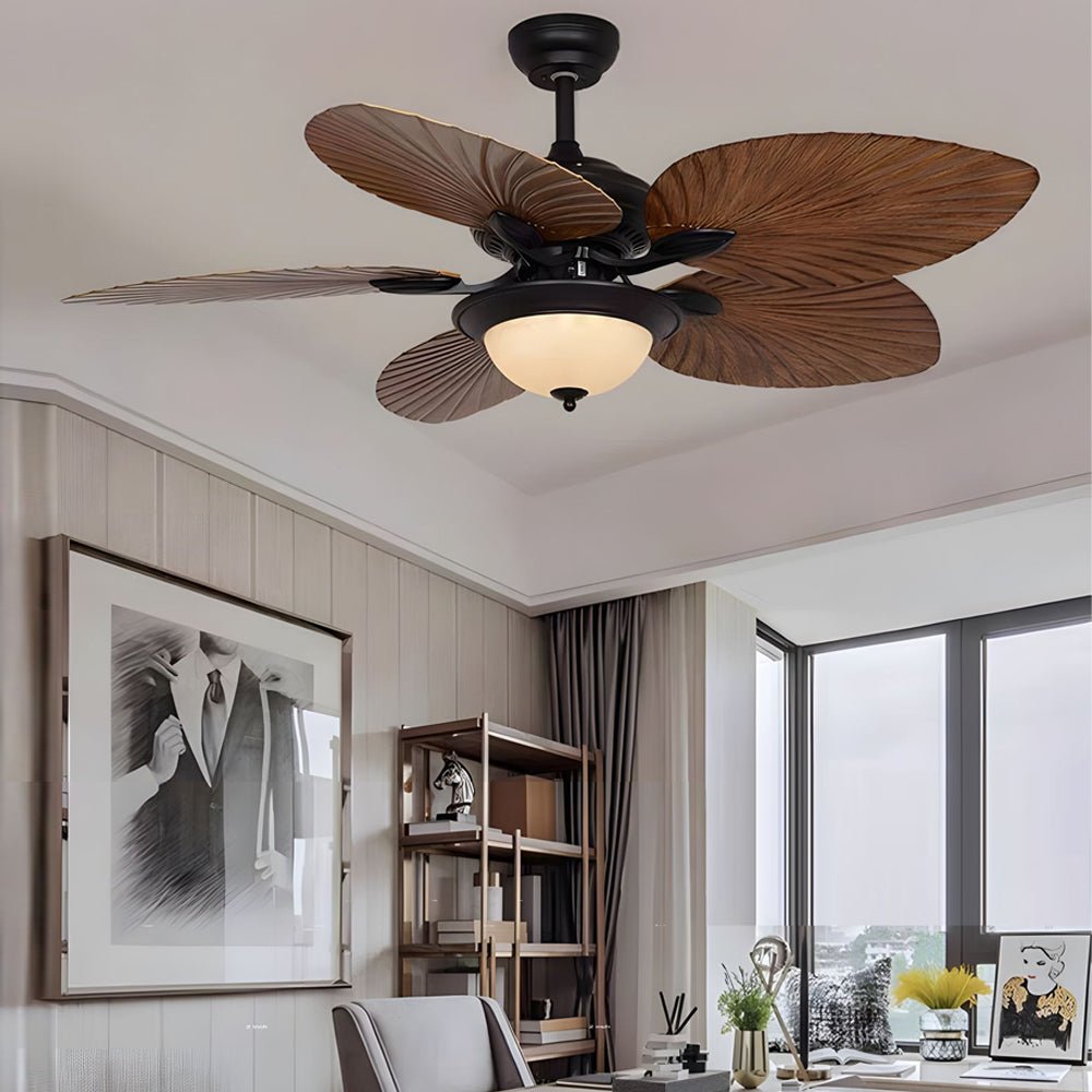 42/52-Inch LED Tropical Ceiling Fan with Remote Control, 5 Brown Reversible Blades, Energy Efficient Indoor Lighting