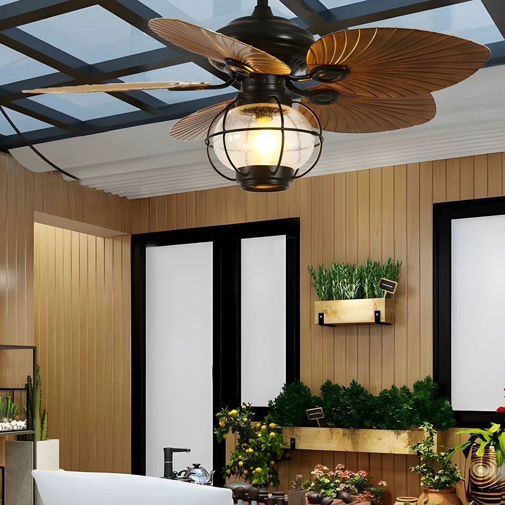 42/52-Inch LED Tropical Ceiling Fan with Remote Control, 5 Brown Reversible Blades, Energy Efficient Indoor Lighting