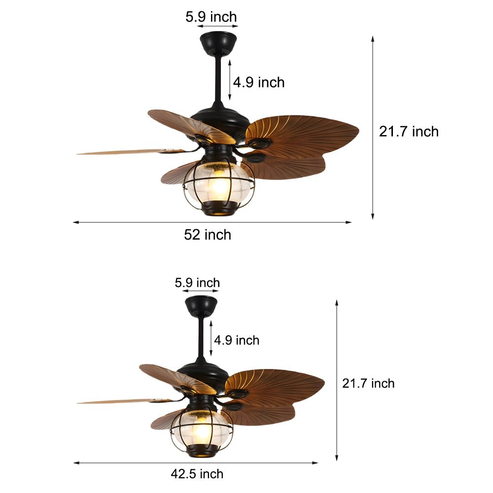 42/52-Inch LED Tropical Ceiling Fan with Remote Control, 5 Brown Reversible Blades, Energy Efficient Indoor Lighting
