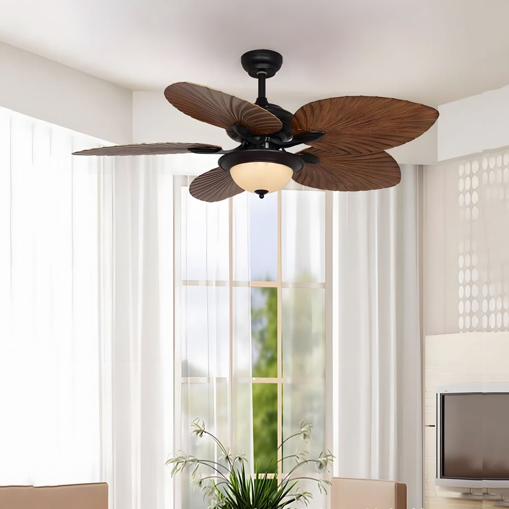 42/52-Inch LED Tropical Ceiling Fan with Remote Control, 5 Brown Reversible Blades, Energy Efficient Indoor Lighting