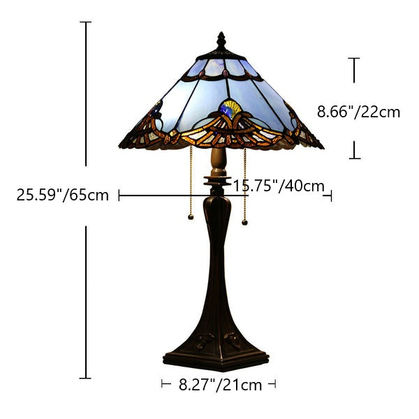 Tiffany Style Stained Glass 2-Light Cone Pull Cord Table Lamp for Bedroom