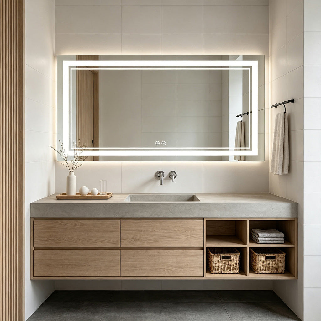 Bathroom Vanity Mirror with Lights Smart LED Anti-Fog Light, Illuminated Mirror with Touch Sensor, Adjustable Brightness, Demisting Feature, Contemporary Design, Makeup Mirror for Dressing Room, Wall-Mounted Mirror, Modern Bathroom Accessories, Energy-Eff