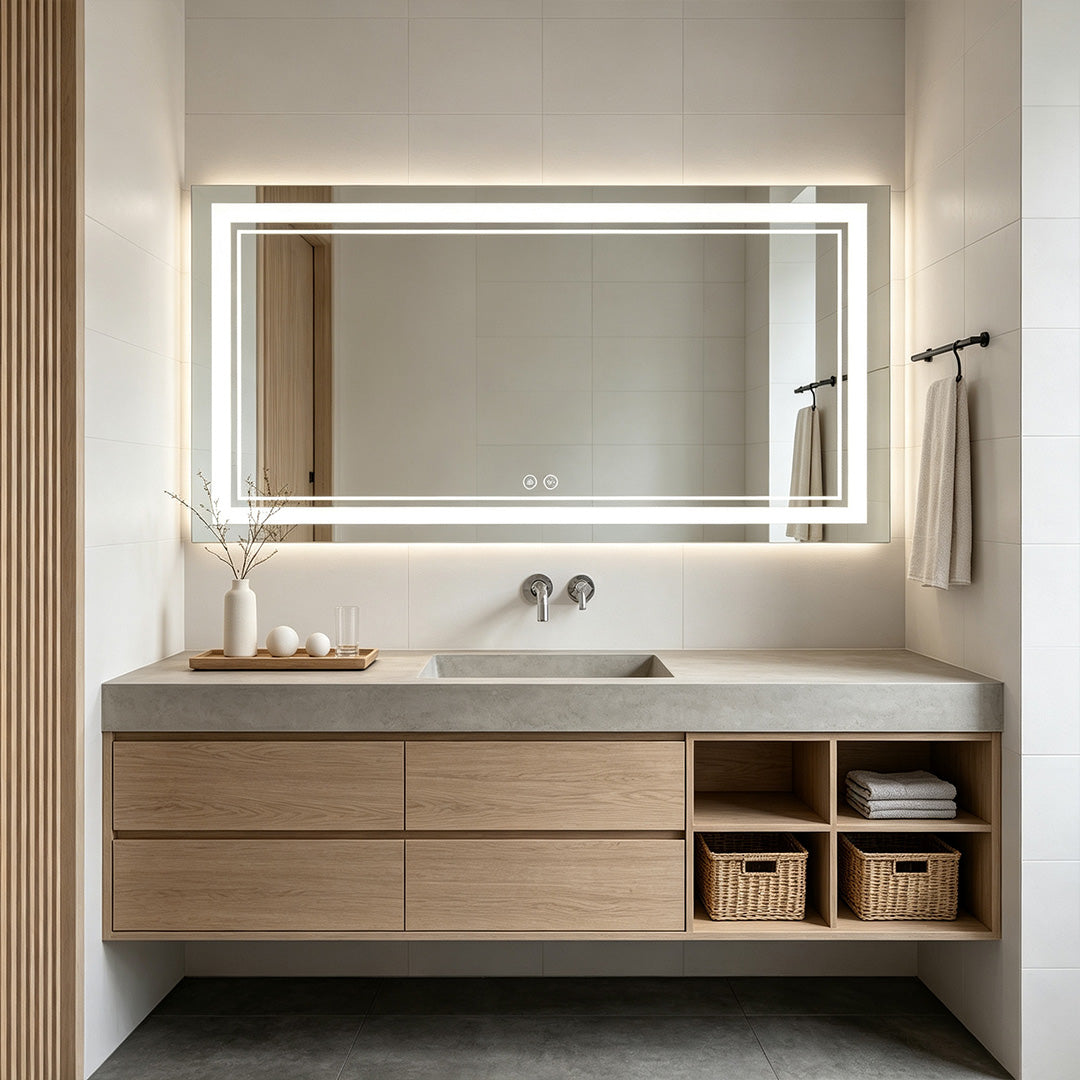 Bathroom Vanity Mirror with Lights Smart LED Anti-Fog Light, Illuminated Mirror with Touch Sensor, Adjustable Brightness, Demisting Feature, Contemporary Design, Makeup Mirror for Dressing Room, Wall-Mounted Mirror, Modern Bathroom Accessories, Energy-Eff