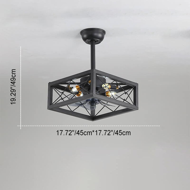 Industrial Minimalist Copper Iron Semi-Flush Mount Ceiling Fan Light - 4-Light Round Square Design