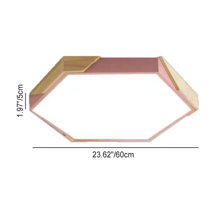 Contemporary Scandinavian Hexagonal Iron Wood Macaron LED Flush Mount Ceiling Light for Bedroom