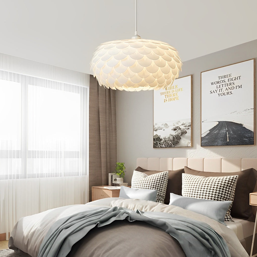 Round Fish Scales LED Pendant Light - Three Step Dimming, Modern White Design
