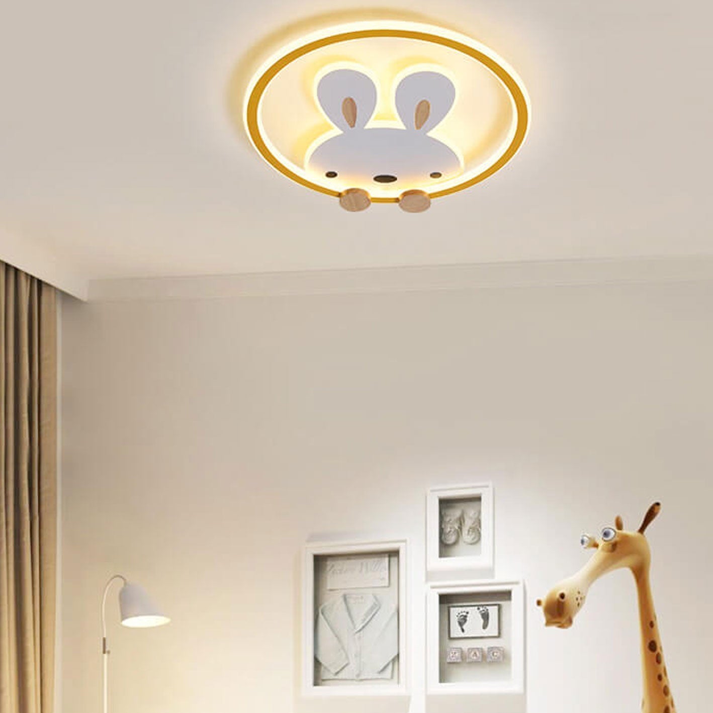 Childlike Modern Cartoon Rabbit LED Flush Mount Light Ceiling Fixture Cute Bunny Design for Kids Room Nursery Playroom Aesthetic Lighting Decor Kids Bedroom Illumination Creative Playful Home Lighting Children's Room Ceiling Light