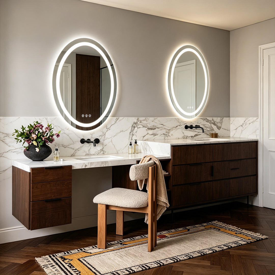 LED Oval Bathroom Lighted Vanity Mirror Multifunctional with Dimmable Touch Lighting, Anti-Fog, Backlit Makeup Mirror, Wall-Mounted Illuminated Vanity Mirror for Home and Salon Use