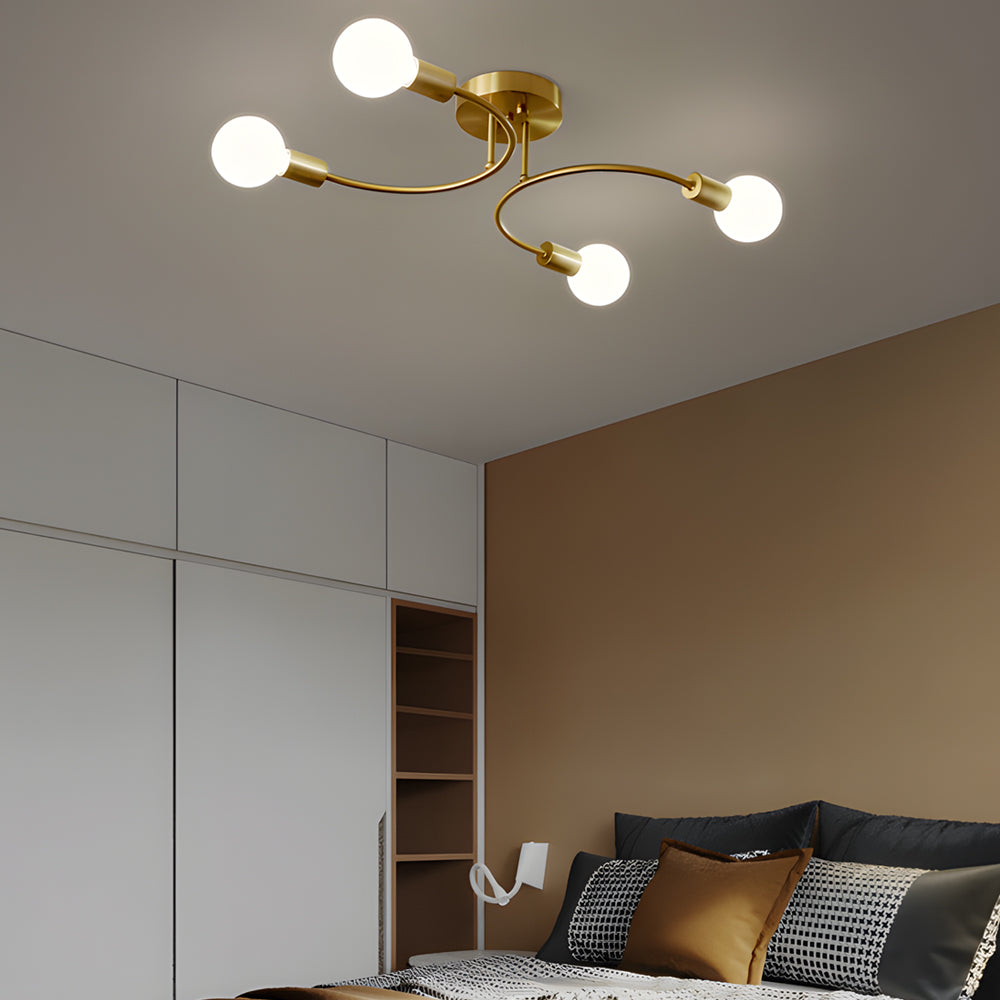 Flush Mount Gold Ceiling Light - Modern Curved Arm Iron Design