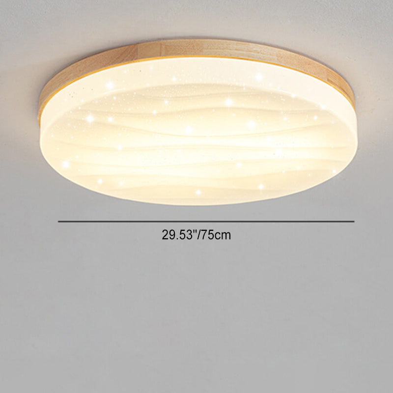 Modern Minimalist Wood Round Shade LED Flush Mount Ceiling Light for Living Room
