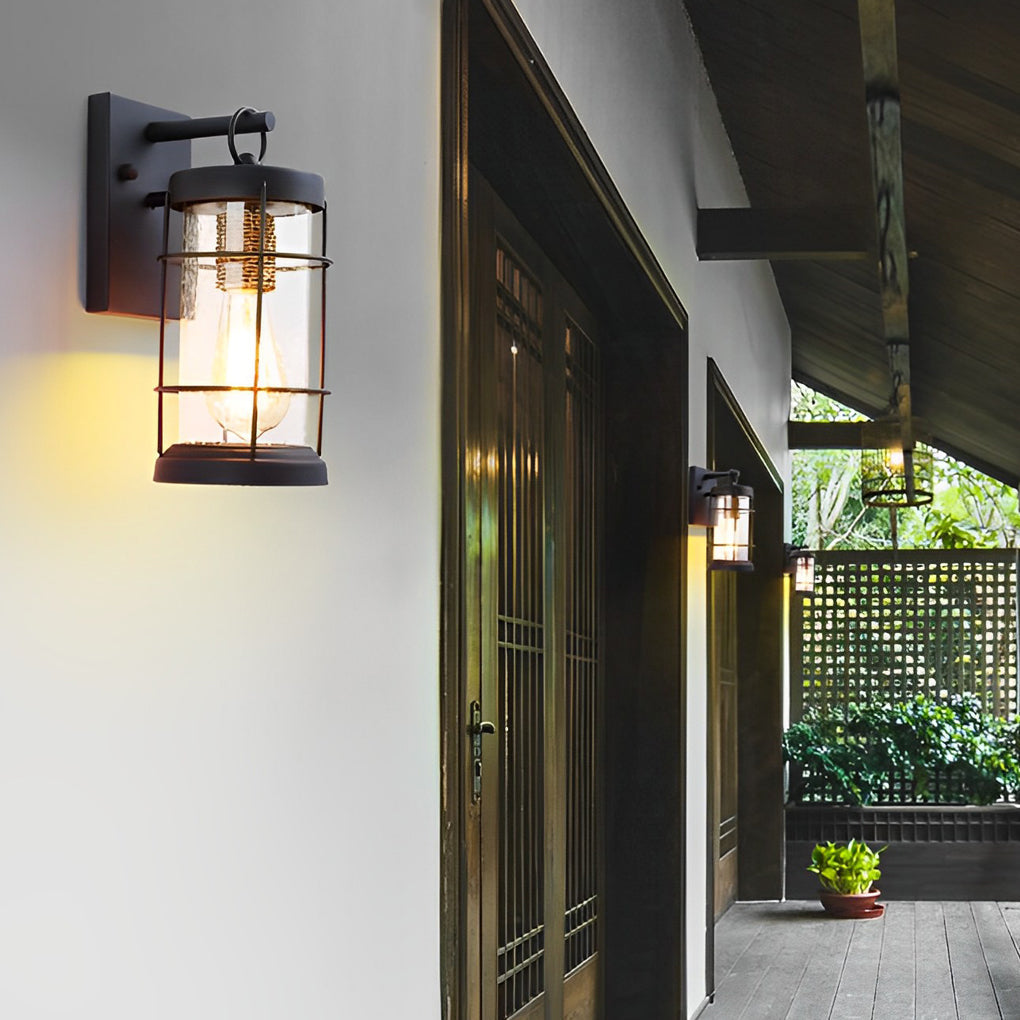 Waterproof Black Retro Rustic Iron Glass Lantern Exterior Wall Light