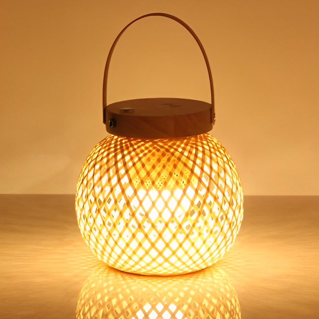 Rustic Bamboo Lantern Table Lamp with Handle – Portable Woven Design for Home Decor and Outdoor Use