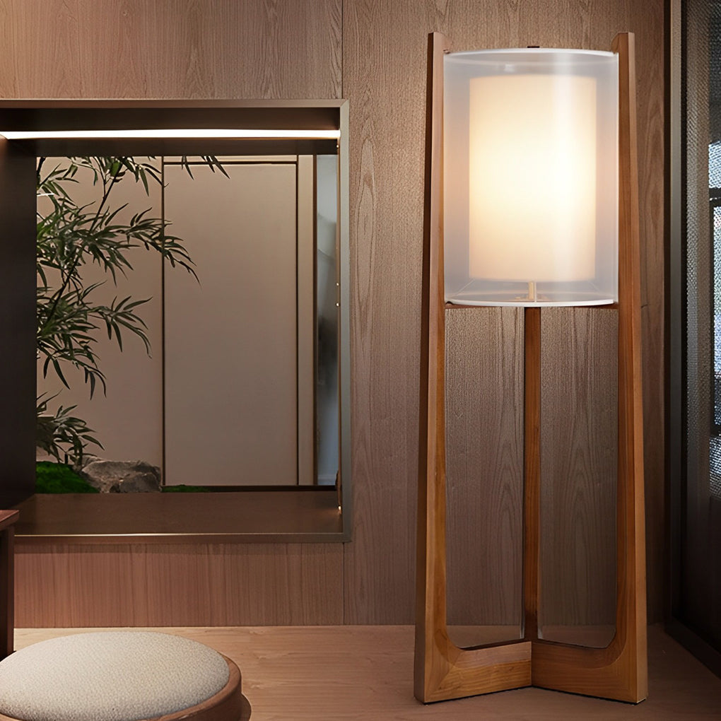 Rustic Japanese Wood LED Floor Lamp - Double Shade Design, Eco-Friendly Lighting for Home Decor