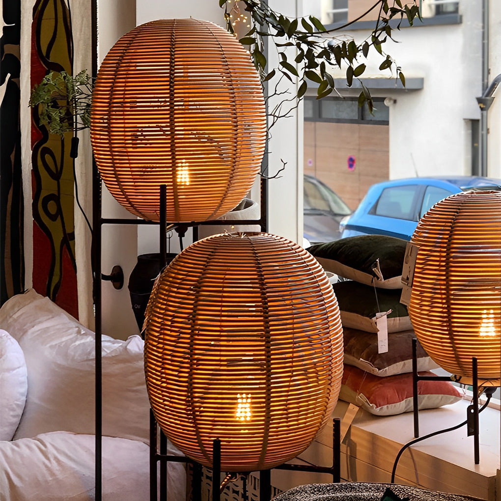 Rustic Boho Rattan Metal Frame Floor Lamp - Chic Accent Lighting for Home Decor