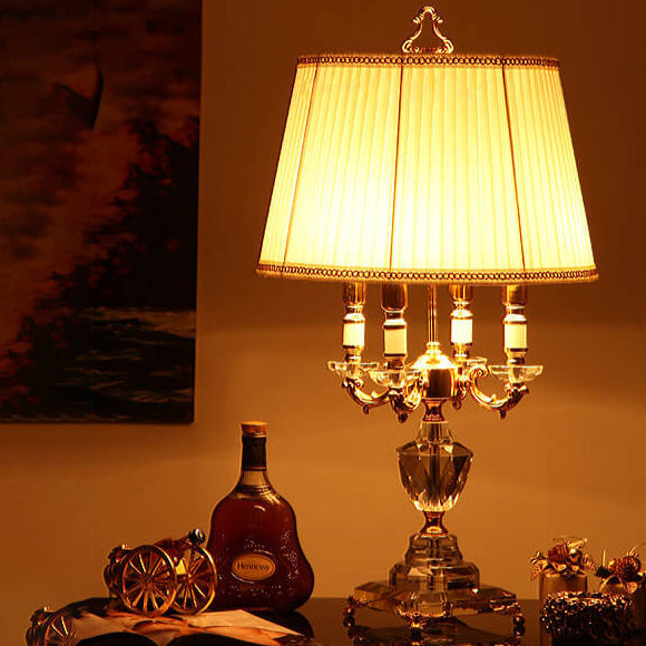 European Luxury Fabric Candle Holder Crystal Base 4-Light Table Lamp