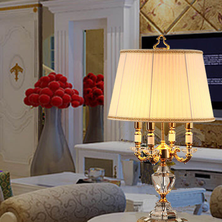 European Luxury Fabric Candle Holder Crystal Base 4-Light Table Lamp