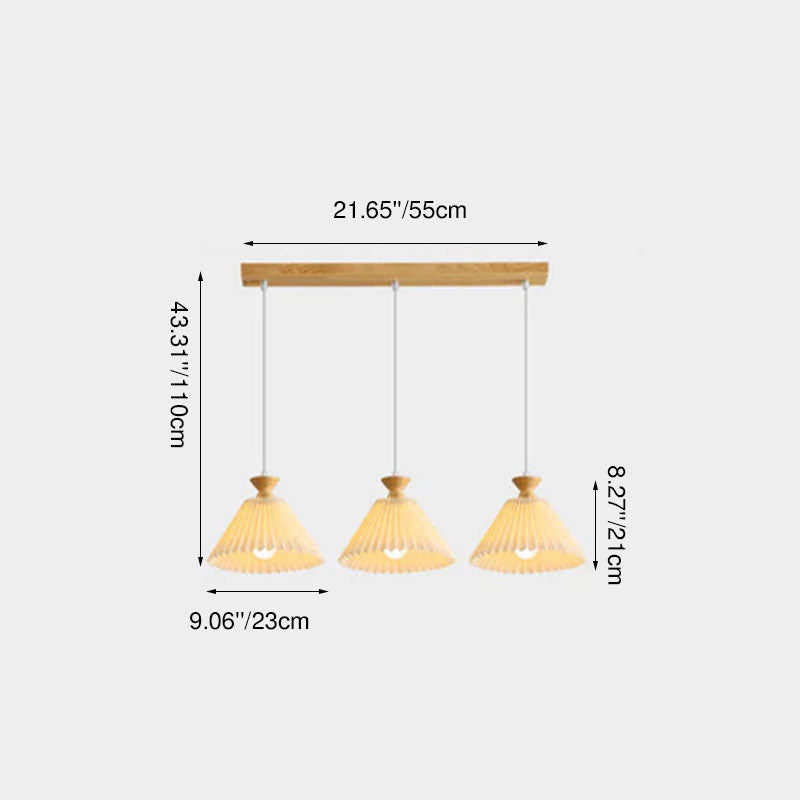 Traditional Japanese Rubberwood Pleated Cone Island Chandelier for Living Room