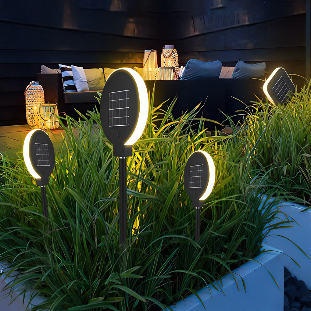 Modern Circular Black Solar LED Lawn Light - Eco-Friendly Outdoor Lighting, Energy Efficient Garden Light, Waterproof Solar Landscape Light, Bright LED Pathway Illumination.
