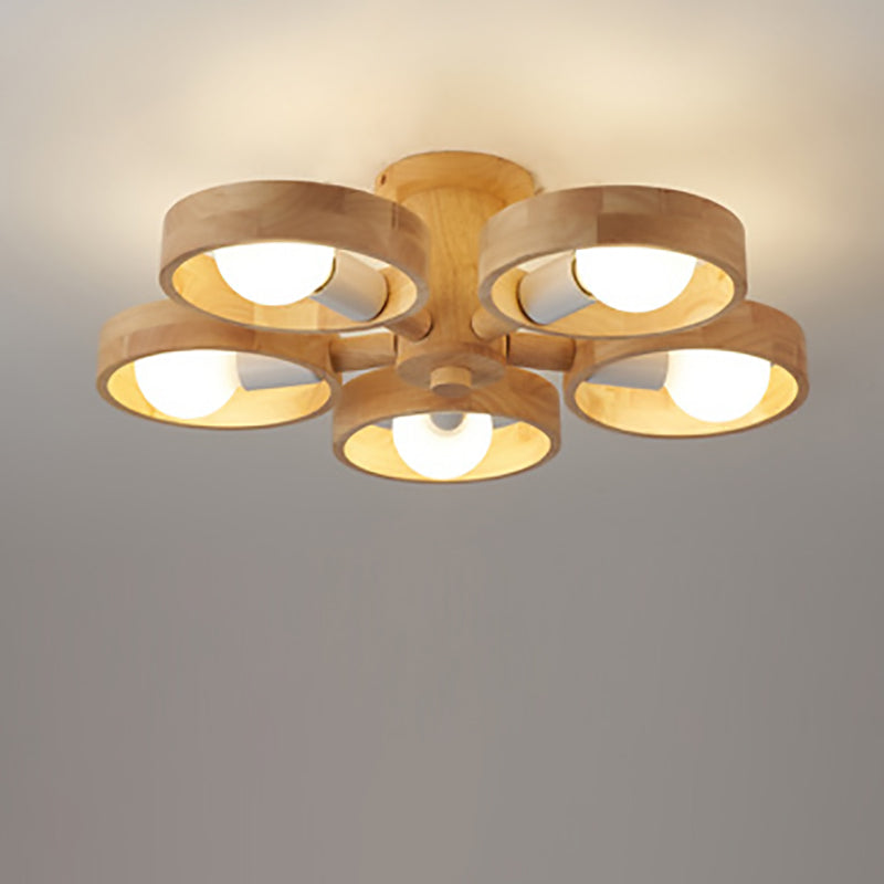 Contemporary Nordic 3/5 Light Rotatable Semi-Flush Mount Ceiling Light - Rubber Wood Design for Living Room