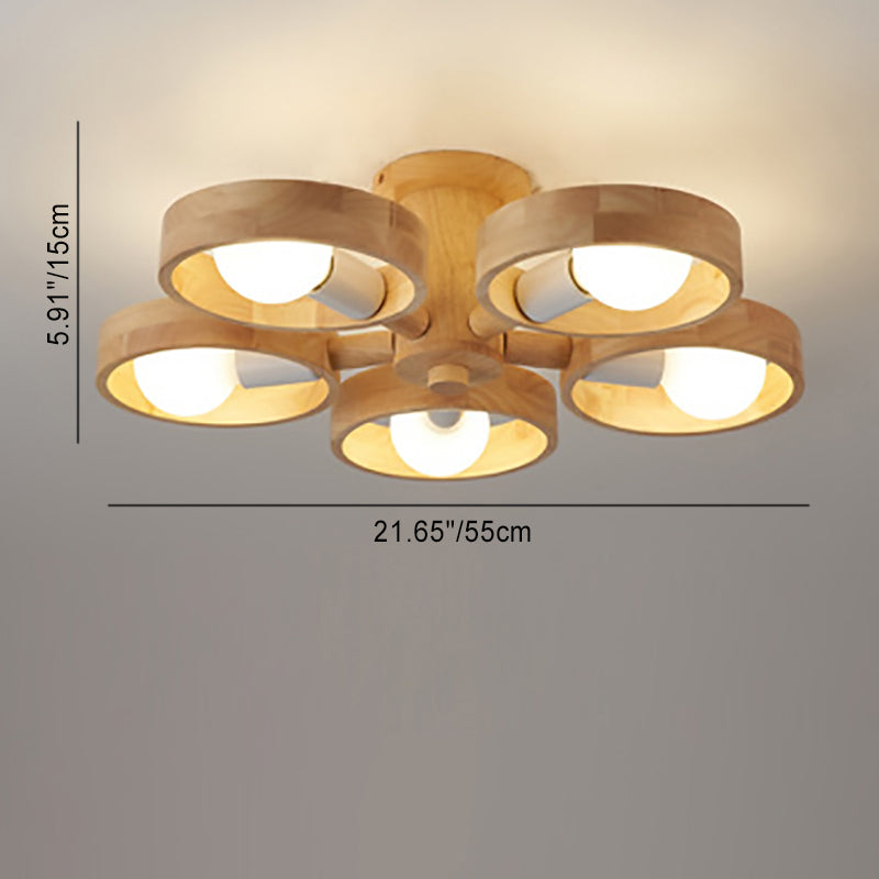 Contemporary Nordic 3/5 Light Rotatable Semi-Flush Mount Ceiling Light - Rubber Wood Design for Living Room