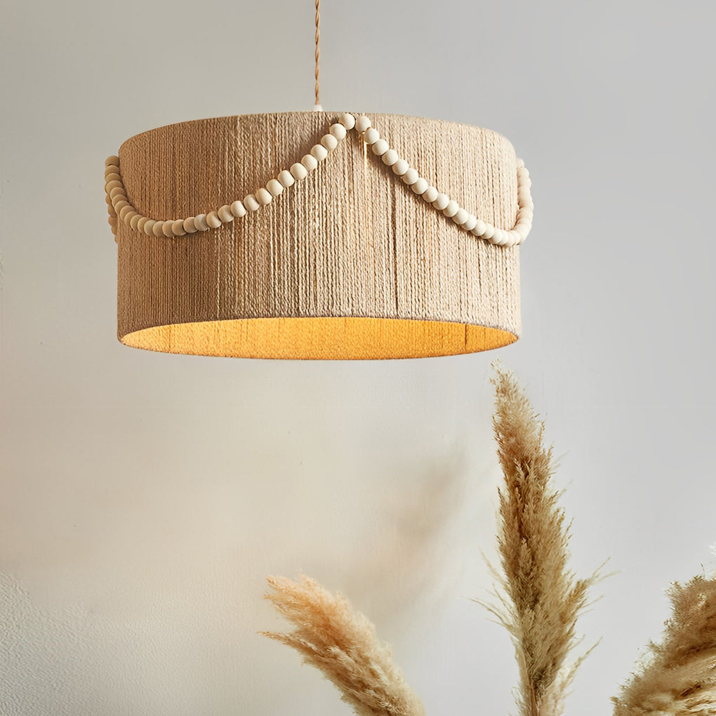 Boho Chandelier Pendant Lamp with Twine Rope, Wood Beads, and Tassels