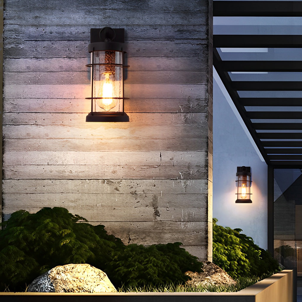 Waterproof Black Retro Rustic Iron Glass Lantern Exterior Wall Light