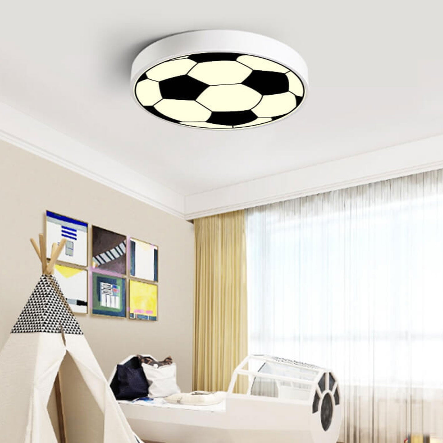 Cartoon Creative Round Football LED Kids Flush Mount Ceiling Light, Sports Room Decor, Children's Bedroom Lighting, Playroom Fixture, Modern Kids Ceiling Lamp, Fun Football Theme Light, Energy Efficient LED Illumination, Cute Kids Room Accessory