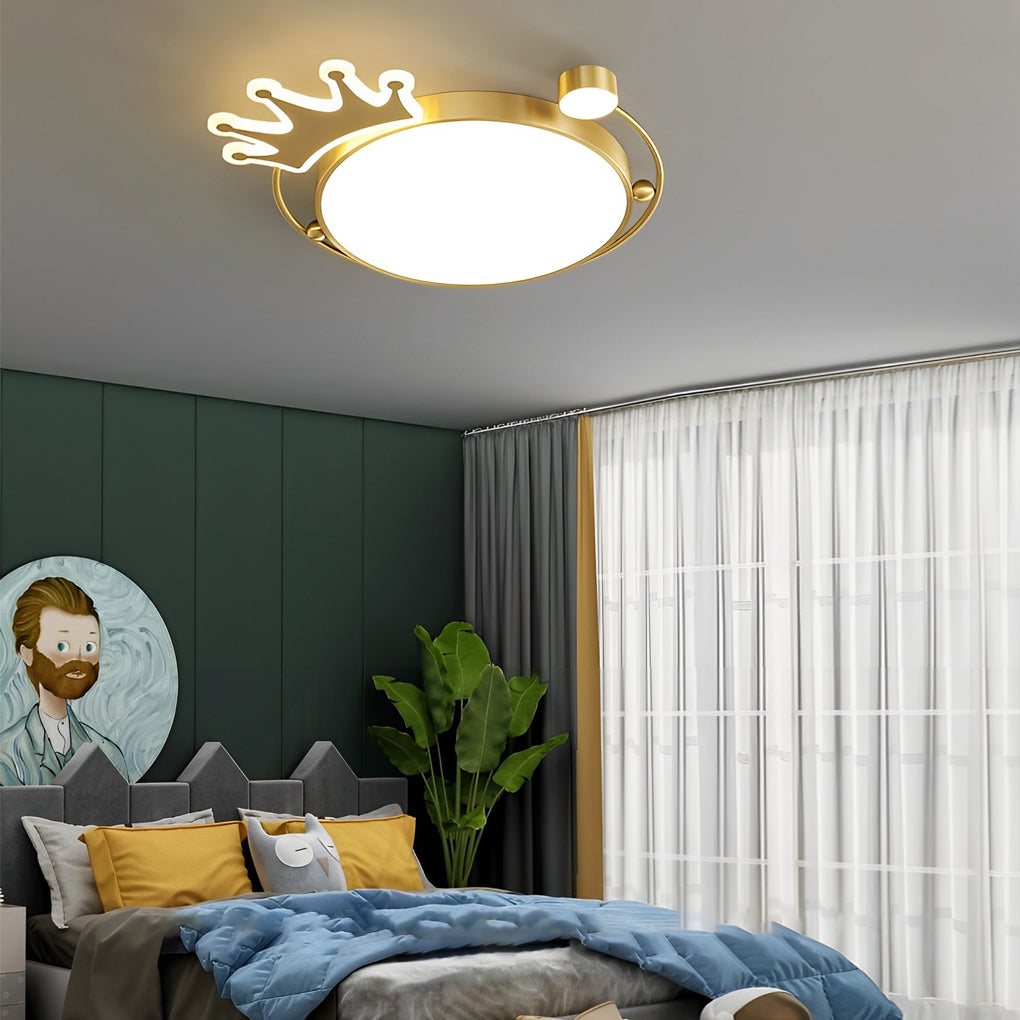 Modern Round Copper Ceiling Light Fixture - Dimmable 3-Step Cartoon Crown Design