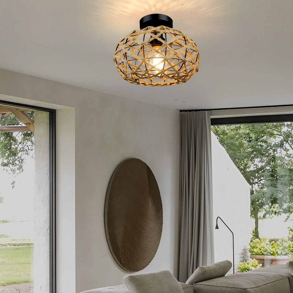 Round Hand Woven Cage Rope Ceiling Light Chandelier - Beige Retro Minimalist Decor