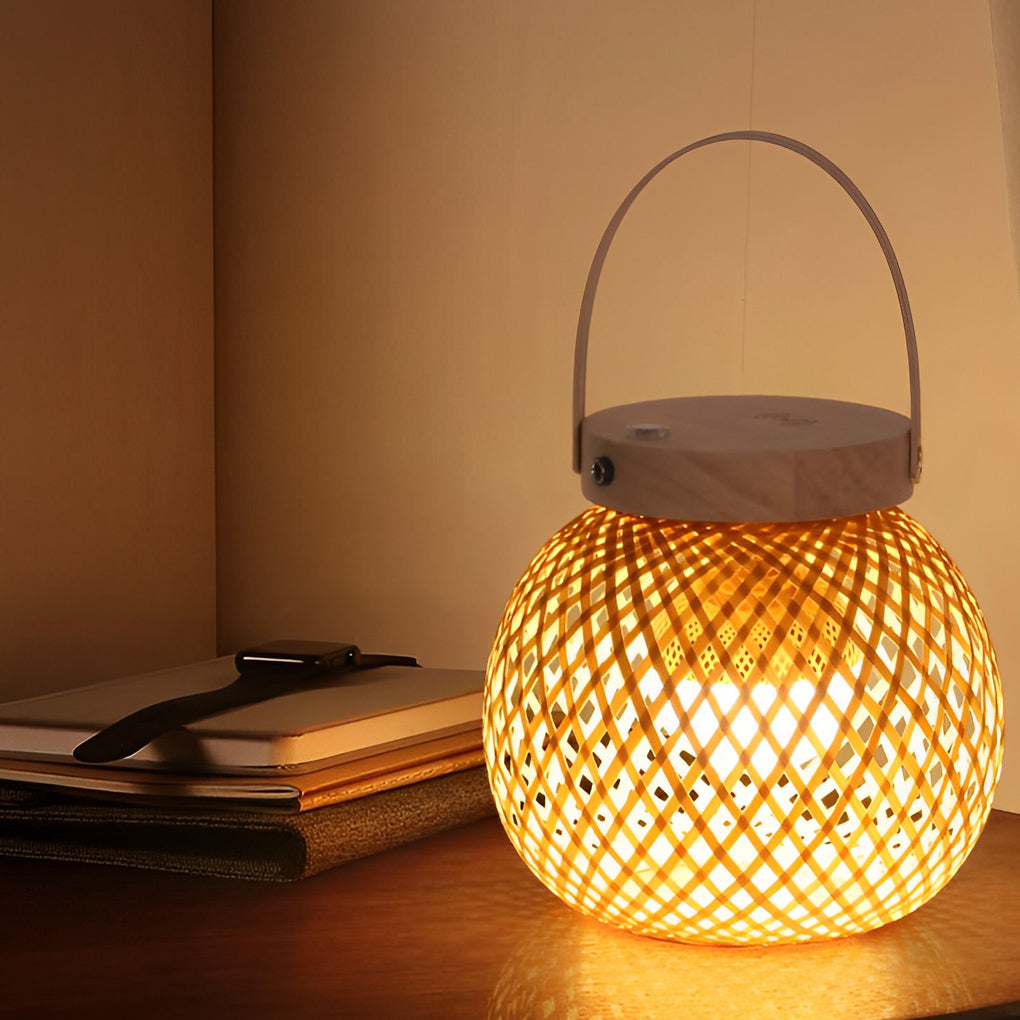 Rustic Bamboo Lantern Table Lamp with Handle – Portable Woven Design for Home Decor and Outdoor Use