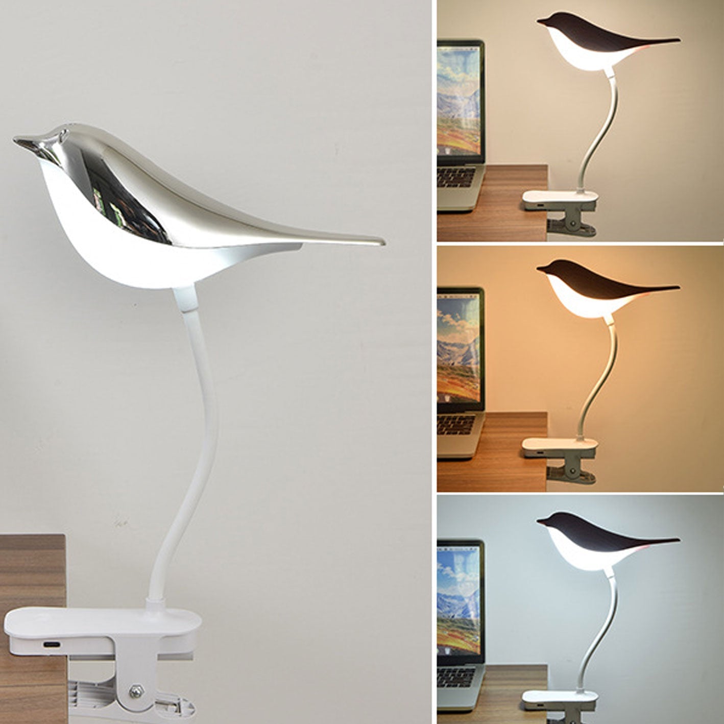 Nordic Creative Bird Clip USB Charging LED Night Light Table Lamp Decorative Bedside Lamp Brightness Adjustable Portable Design Cute Bird Shape for Kids Room Nursery Bedroom Home Office Lighting Gift Idea