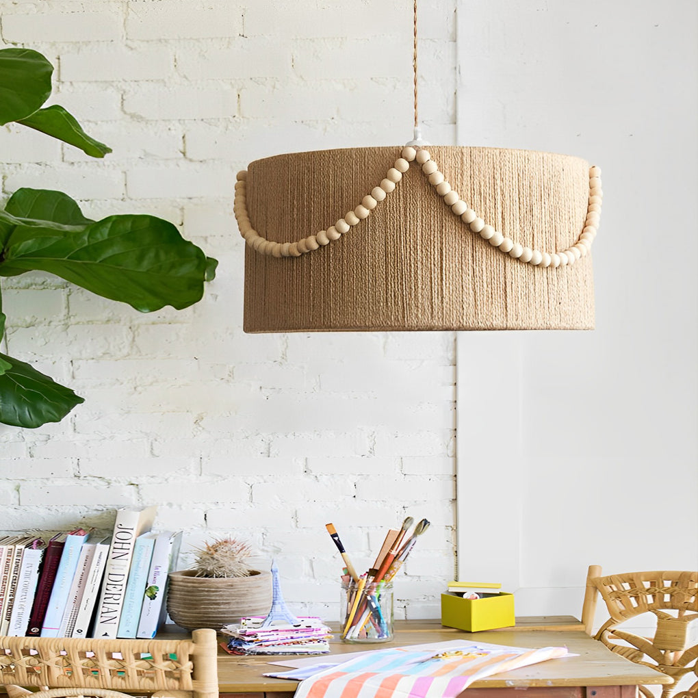 Boho Chandelier Pendant Lamp with Twine Rope, Wood Beads, and Tassels
