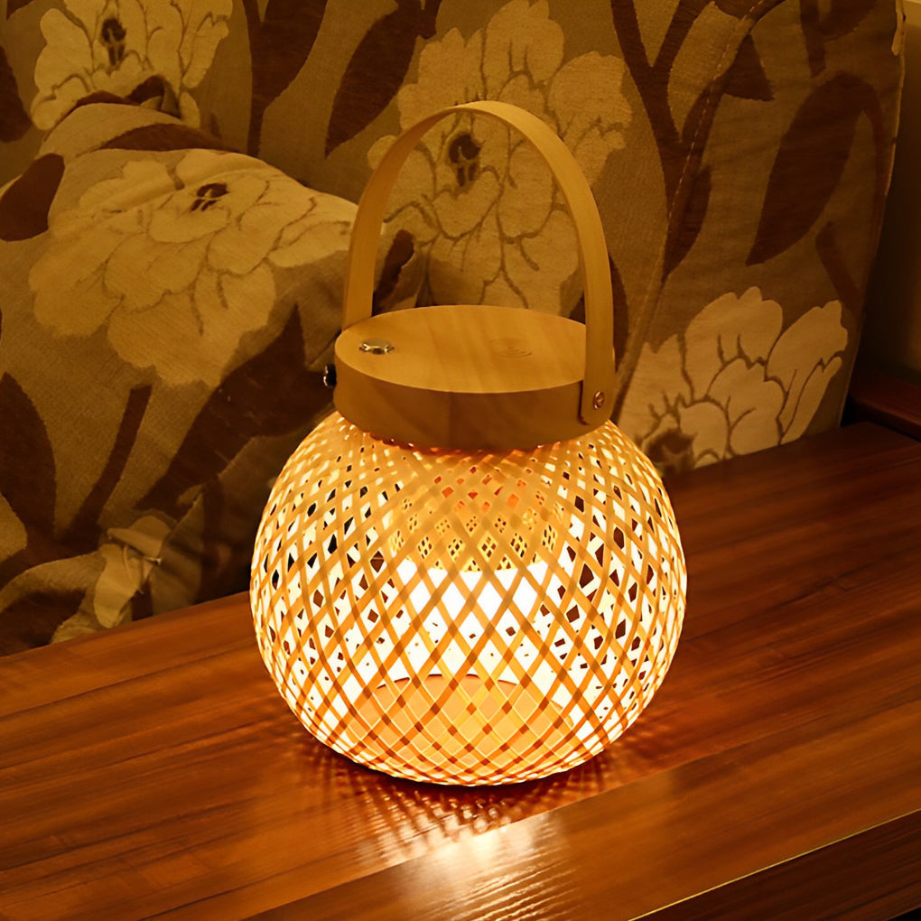 Rustic Bamboo Lantern Table Lamp with Handle – Portable Woven Design for Home Decor and Outdoor Use