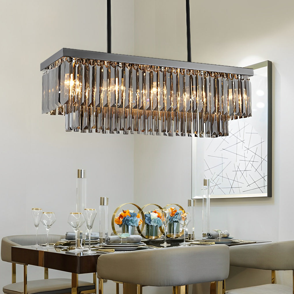 Rectangular Crystal LED Chandelier - 3 Step Dimming, Smoke Gray Modern Lighting