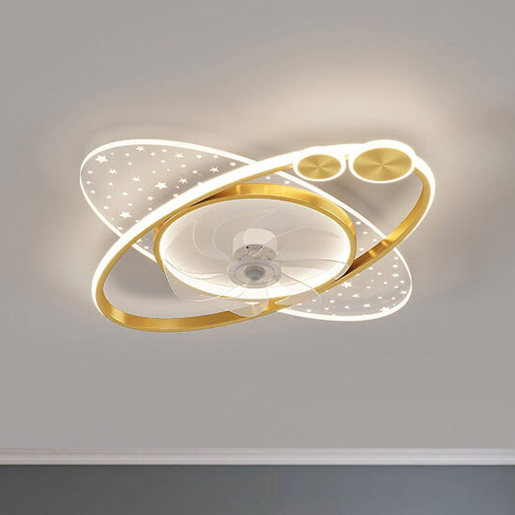 Modern Creative Planet Star Effect LED Flush Mount Ceiling Fan Light, Contemporary Indoor Lighting Fixture, Energy-Efficient Ceiling Fan with Light, Stylish LED Ceiling Fan for Home Decor, Whisper Quiet Ceiling Fan with Remote Control, Unique Star Pattern