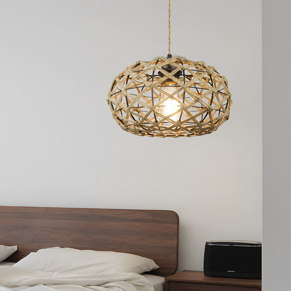 Round Hand Woven Cage Rope Ceiling Light Chandelier - Beige Retro Minimalist Decor