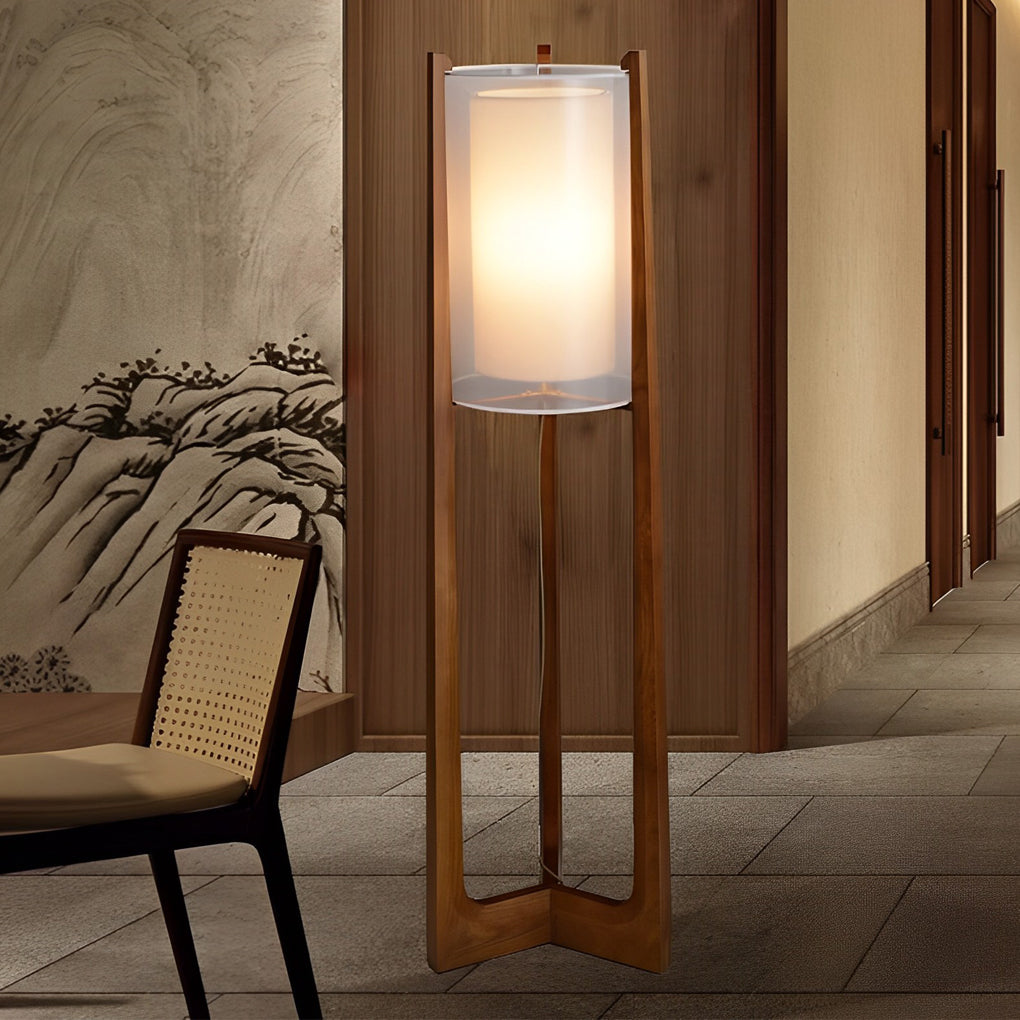 Rustic Japanese Wood LED Floor Lamp - Double Shade Design, Eco-Friendly Lighting for Home Decor