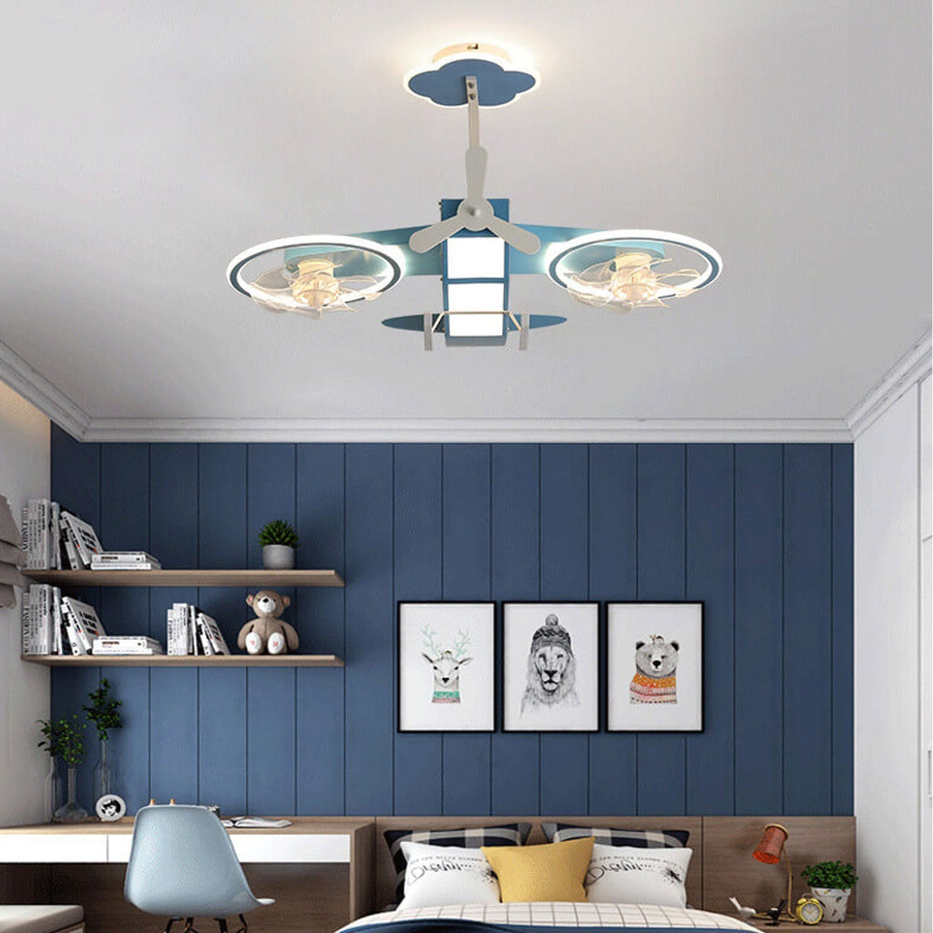 Creative Cartoon Aircraft Ceiling Fan Light for Kids Room, Fun Flush Mount Design, Airplane-Themed Illumination, Ideal for Nursery & Playroom Decor