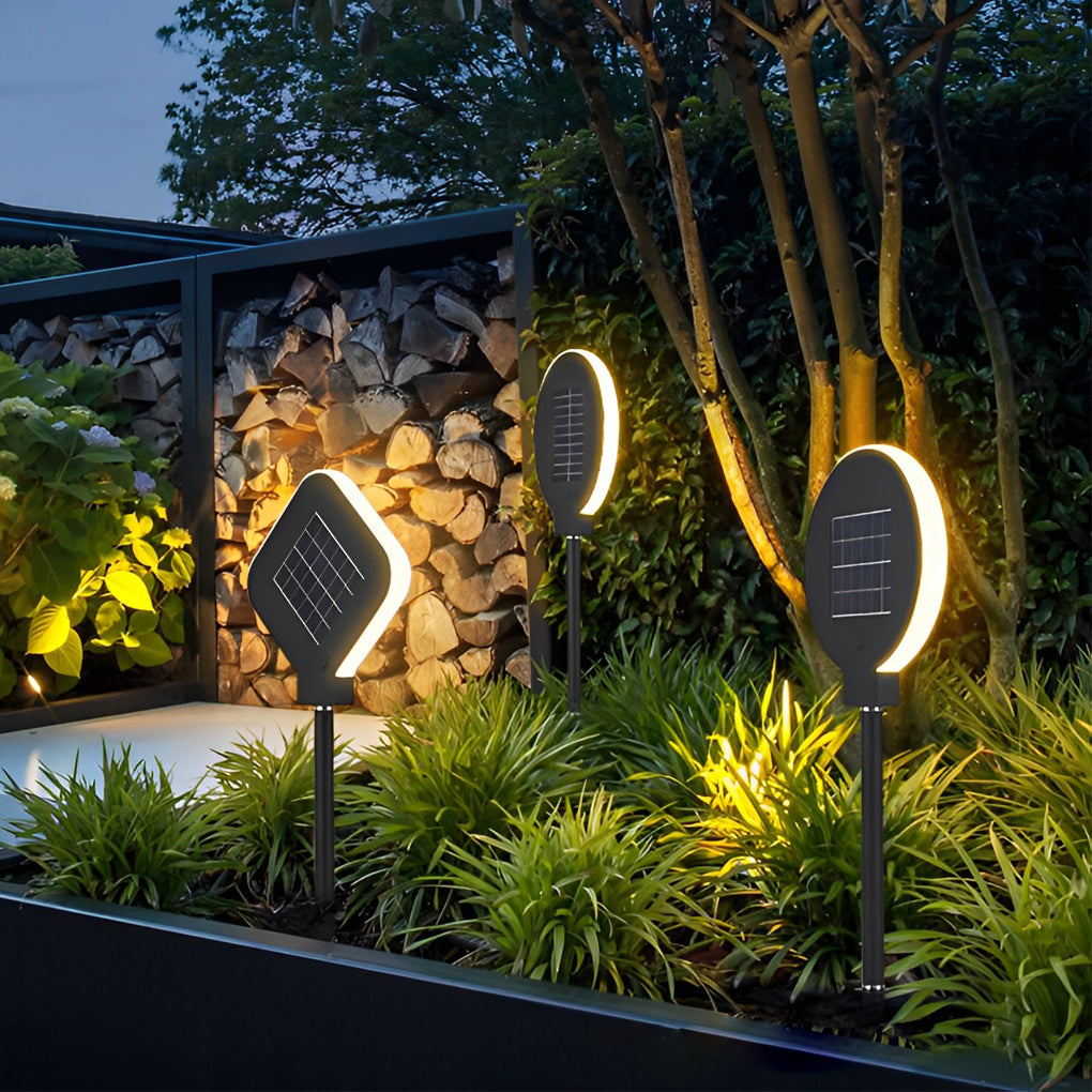 Modern Circular Black Solar LED Lawn Light - Eco-Friendly Outdoor Lighting, Energy Efficient Garden Light, Waterproof Solar Landscape Light, Bright LED Pathway Illumination.