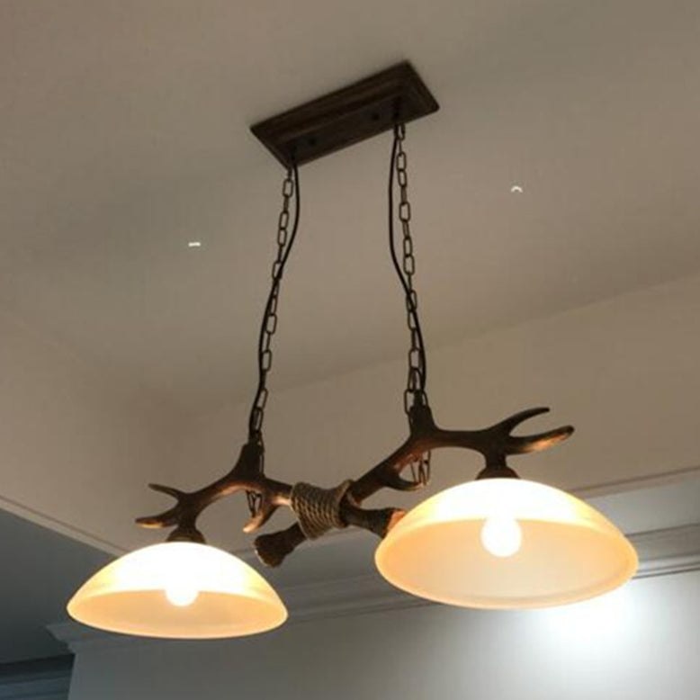 Vintage Resin Antler Chandelier - 2-Light Glass Bowl Shade