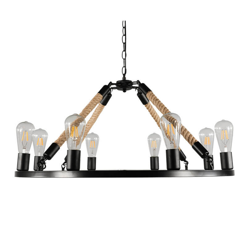 Industrial Black Metal 6/8 Light Hemp Rope Chandelier