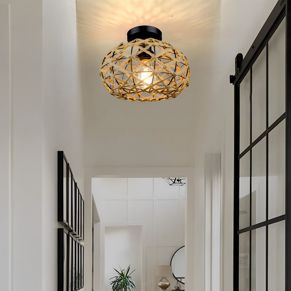 Round Hand Woven Cage Rope Ceiling Light Chandelier - Beige Retro Minimalist Decor