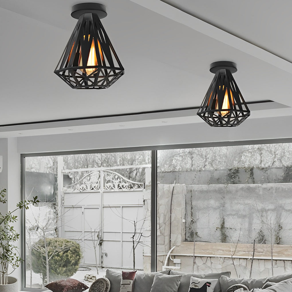 Retro Iron Cage LED Ceiling Light Fixture - American Style Pendant Lighting