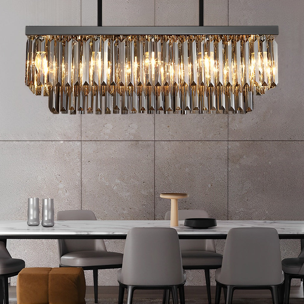 Rectangular Crystal LED Chandelier - 3 Step Dimming, Smoke Gray Modern Lighting